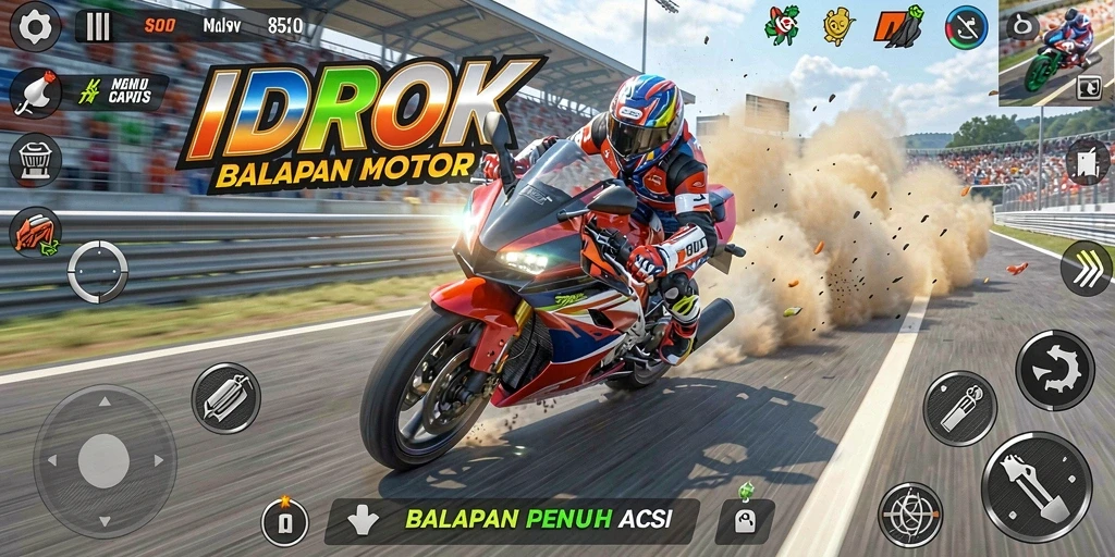 Screenshot utama dalam gameplay IDROK menampilkan aksi balapan motor yang seru.