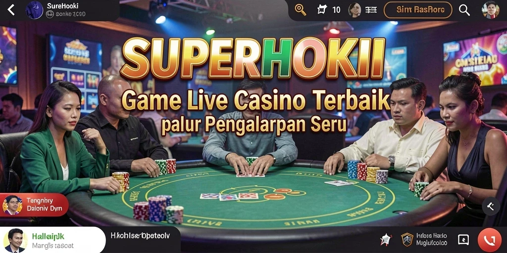 Screenshot gameplay <strong>SUPERHOKI</strong> yang menunjukkan dealer live dan suasana casino.